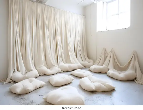 White Fabric Installation Art in a Room with a Window