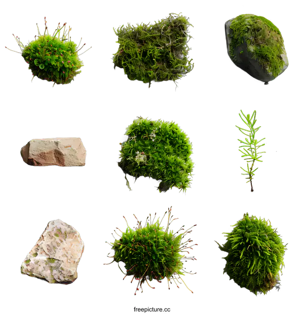 [Transparent Background PNG]Green Moss and Rocks on a White Background