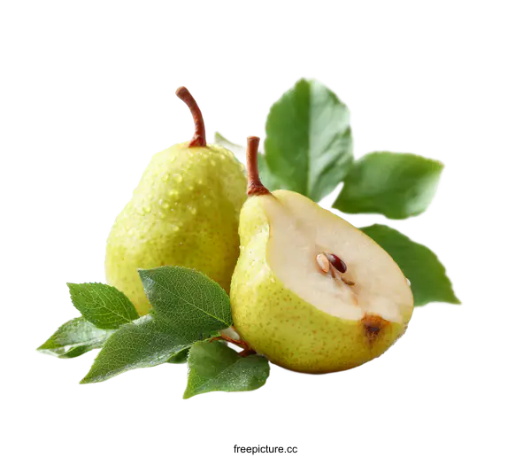 [Transparent Background PNG]Fresh Pears with Leaves and Water Droplets