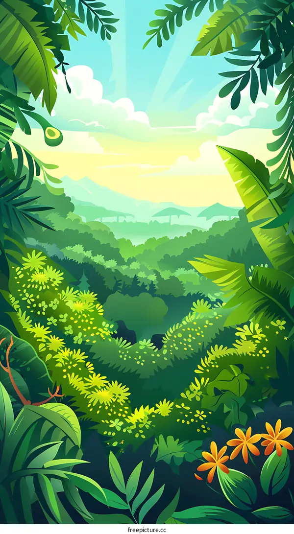 Jungle Landscape Illustration with Lush Foliage and a Clear Sky