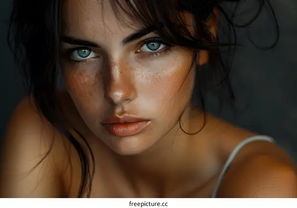 Portrait of a young woman with freckles and blue eyes