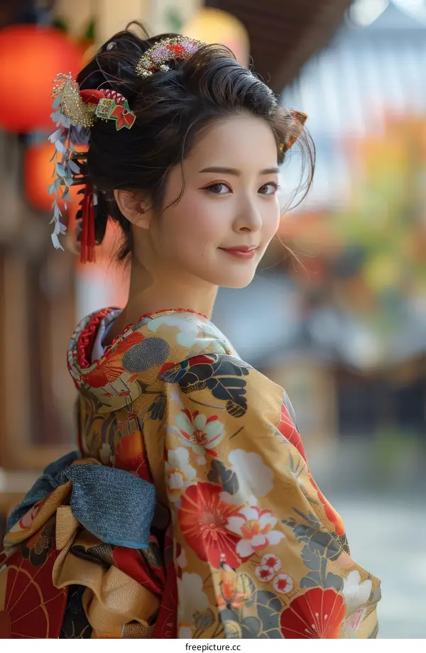 Portrait of a beautiful Japanese woman in traditional kimono