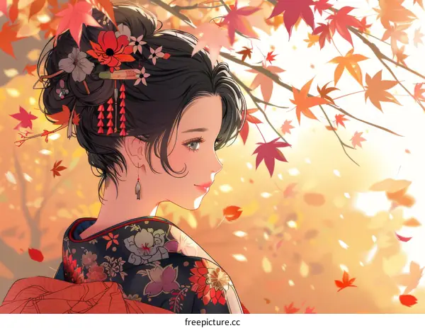 An illustration of a beautiful Japanese woman in a kimono standing in a field of red maple leaves.