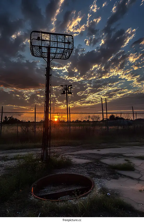 Silhouetted Rusty Metal Basketball Hoop at Sunset