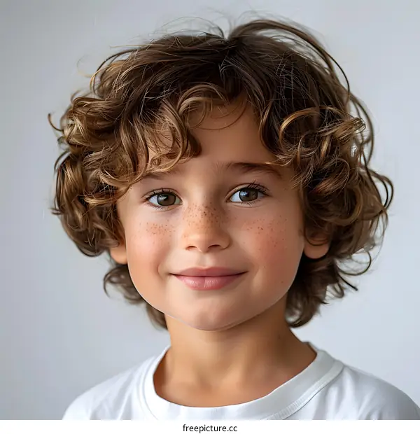Portrait of a happy smiling boy with freckles and curly brown hair