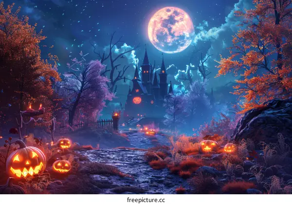 Spooky moonlit path to haunted house