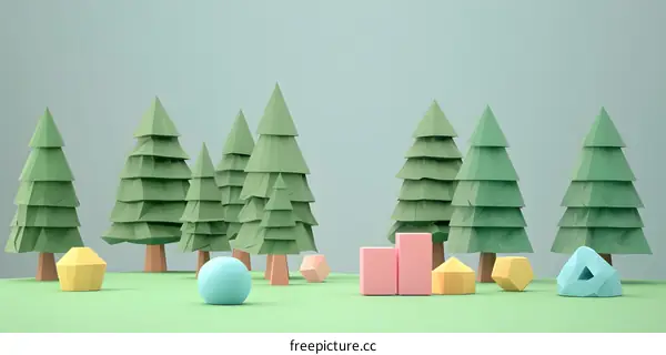 Green Paper Origami Trees and Geometric Shapes