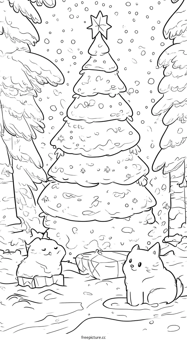 Cute Cartoon Animals Celebrate Christmas Under a Snowy Pine Tree