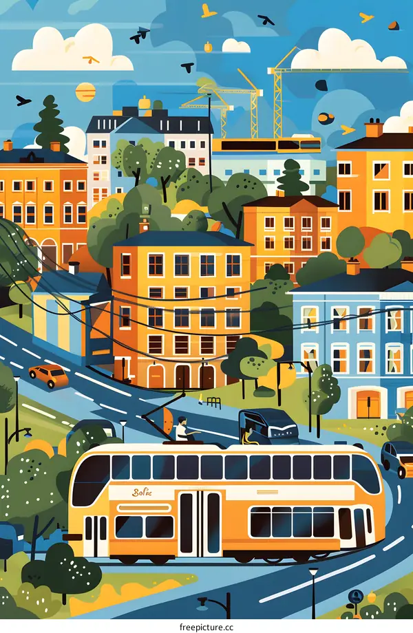 Cityscape with Tram and Construction Cranes