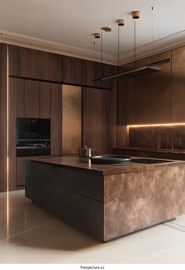 Modern Kitchen Design with Dark Wood Cabinets and Marble Countertop
