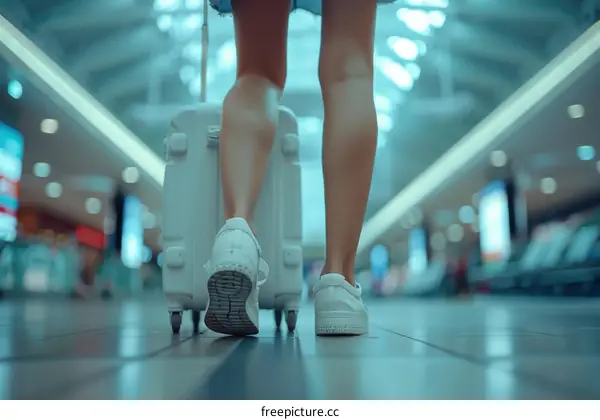 A woman in white sneakers walking through an airport with a white suitcase