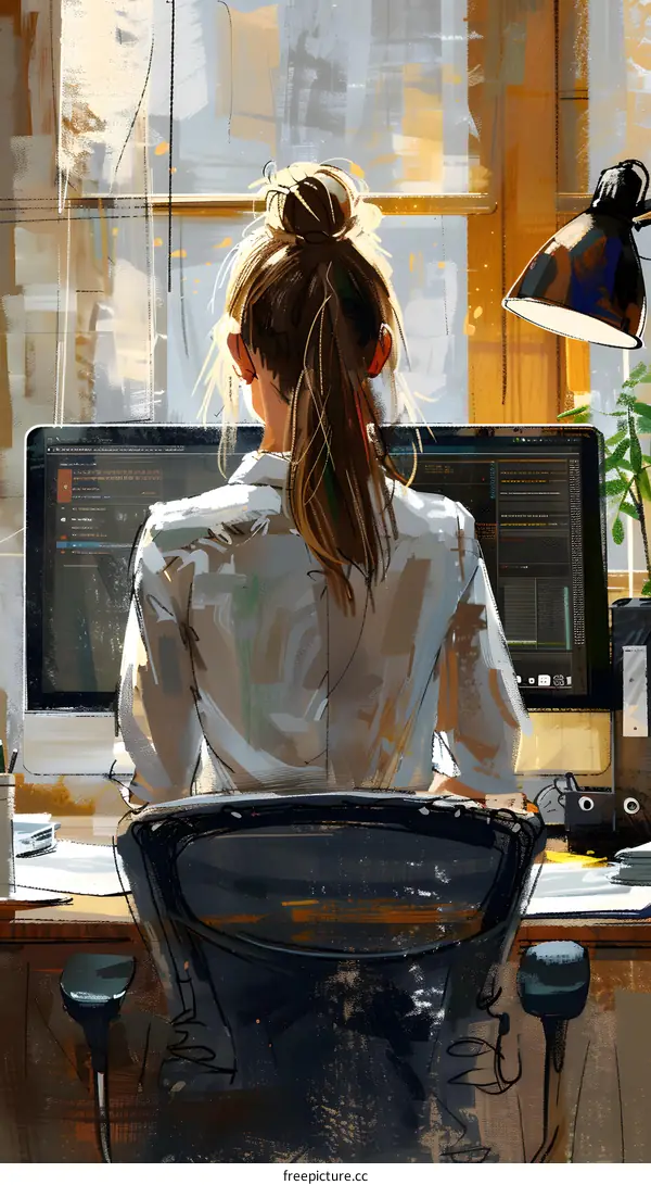 woman sitting on chair back view coding programming computer work from home