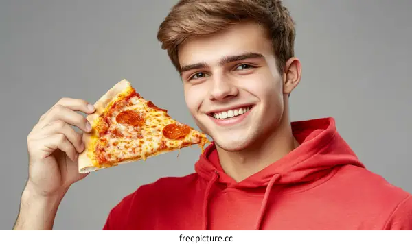 Happy Young Man Eating Pizza Slice