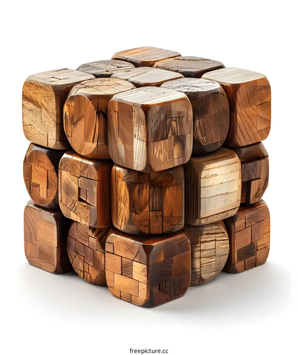 Wooden cube blocks of different sizes are arranged together to form a larger cube.