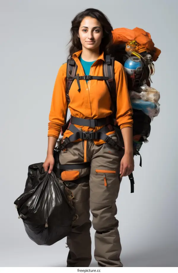 Female mountaineer with large backpack and black garbage bag