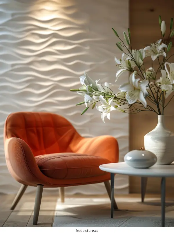 Modern Living Room Interior Design with Orange Armchair