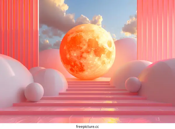 Pink and orange surreal landscape with a large moon