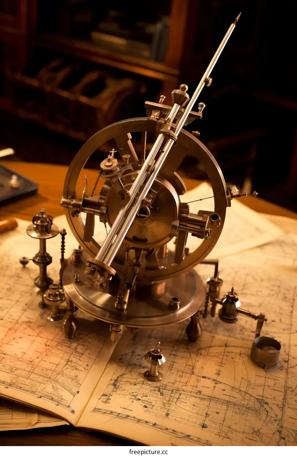 A Brass Theodolite on a Table with Blueprints
