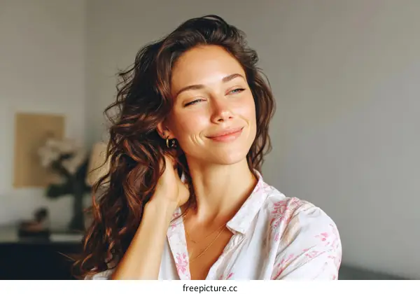 Smiling Woman with Wavy Brown Hair