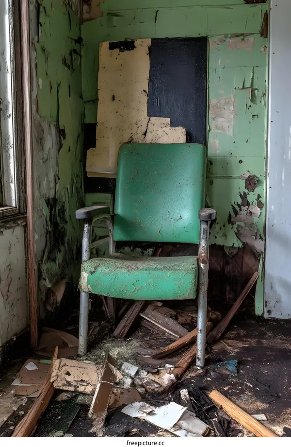 Green Chair In A Abandoned Room