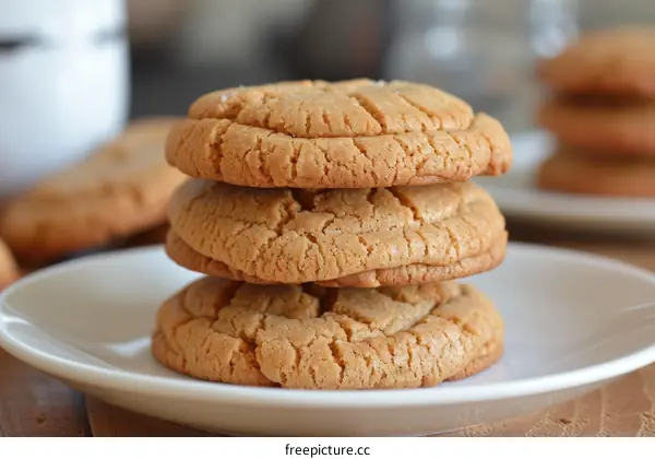 A stack of three peanut butter cookies on a white plate