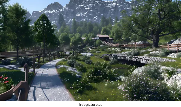 Mountain Landscape With Path And Bridge