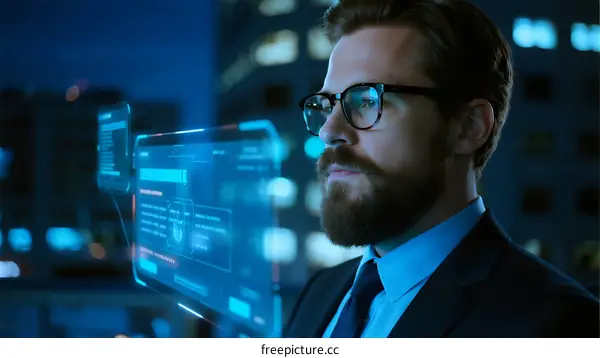 Businessman examining holographic digital interface in modern city