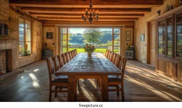 Rustic Dining Room with Large Wooden Table and Scenic View