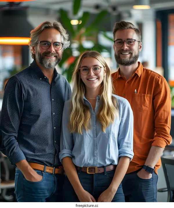 Three smiling business people posing in an office