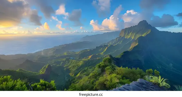 Scenic View of Green Mountains and Ocean at Sunset