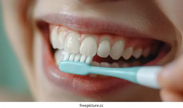 Close-up of woman brushing her teeth with a toothbrush