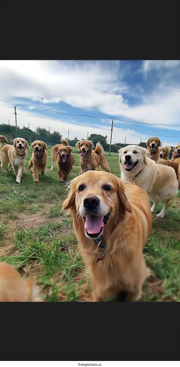 A group of golden retrievers running in a field