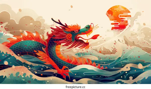 Illustration of a Colorful Chinese Dragon in Traditional Chinese Style