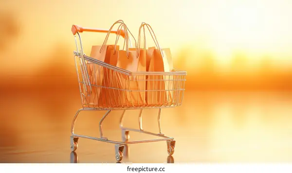 Shopping Cart with Paper Bags at Sunset