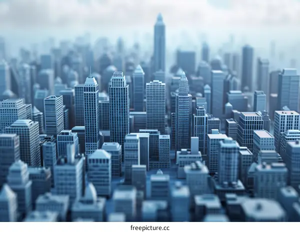 Blue cityscape with skyscrapers illuminated by sunlight