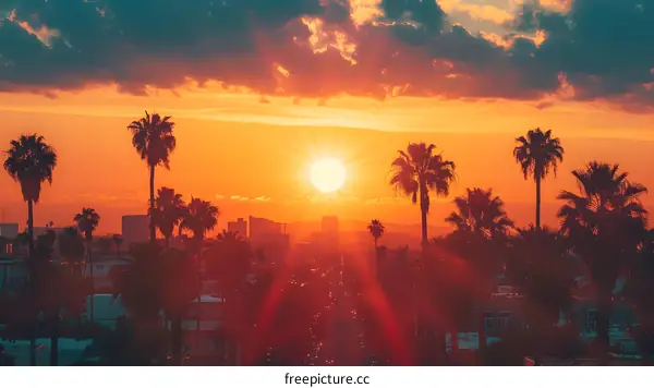 Palm trees against setting sun over city street