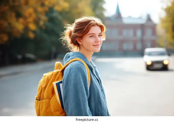 Young Woman with Backpack Walking Down City Street