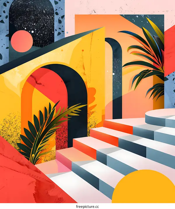 Abstract Art with Stairway and Palm Leaves