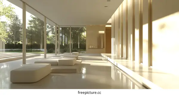 Modern Minimalist Interior Design With White Couches And Large Glass Windows