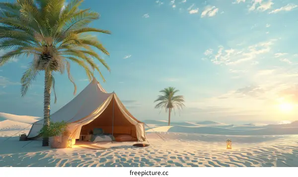Luxury desert camping under the stars with palm trees and a comfortable bed.