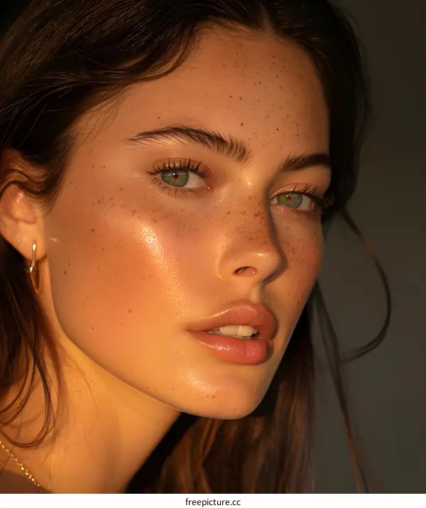 portrait of a young woman with freckles and green eyes