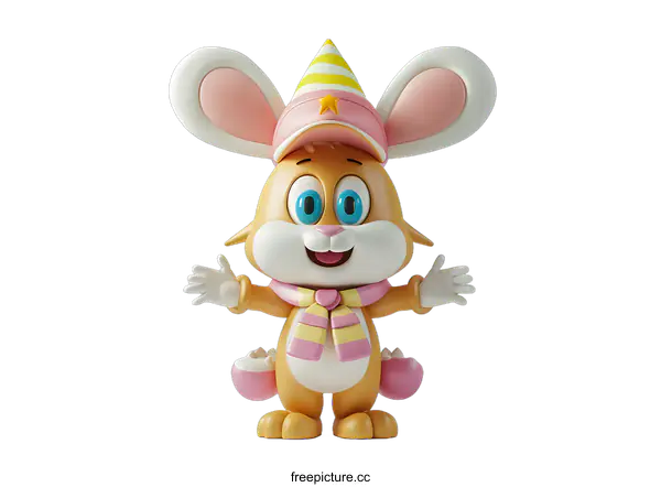 [Transparent Background PNG]3D rendering of a cute cartoon rabbit wearing a party hat and scarf