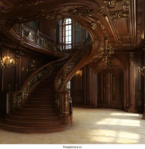 Ornate Wooden Staircase in a Grand Mansion