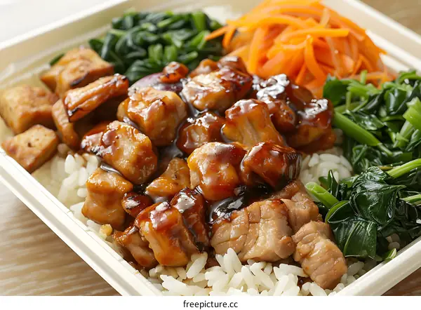 A delicious and healthy meal with chicken, spinach, carrots, and rice.