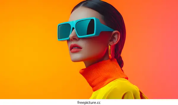 Woman with Blue Sunglasses on Orange Background