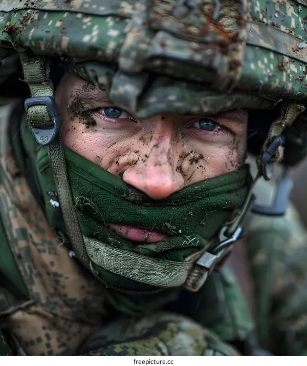 Portrait of a soldier wearing a camouflage helmet and scarf covering his face