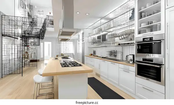 Modern Minimalist White Kitchen with Geometric Staircase