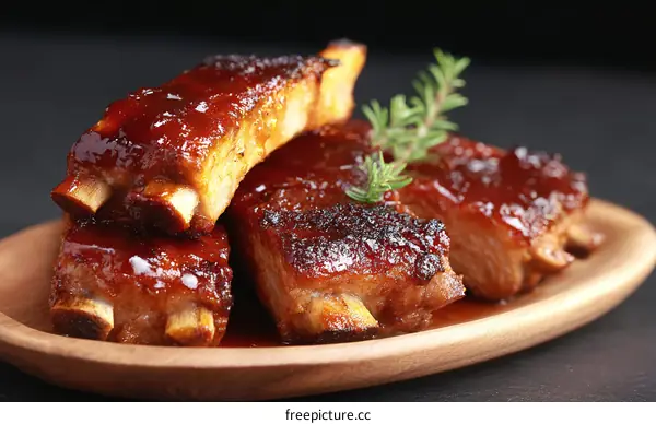 Delicious BBQ Ribs on Wooden Plate