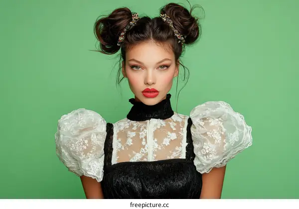 Fashionable Woman with Updo Hairstyle and Lace Dress