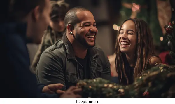 A happy family of four is sitting on a couch and laughing.